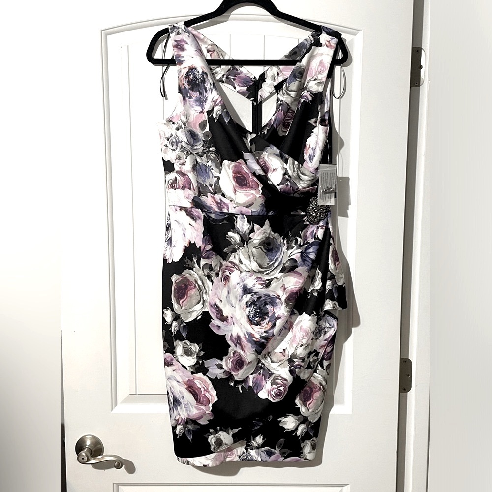Alex Evenings Women's Short Dress Ruched Waist, Black & Purple, NWT, 14 WEDDING